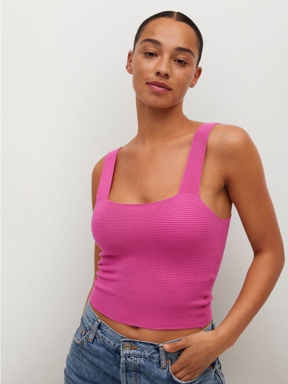 Mango Ribbed Knit Stretch Square-Neck Cropped Tank Top